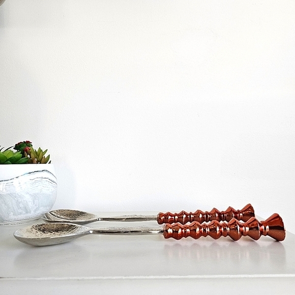 Vintage Copper Handled Metal Salad Servers, 12" Spoon Fork Salad Serving Set - Picture 3 of 13